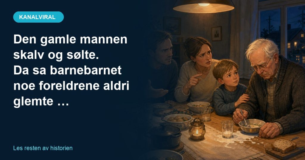 En eldre bestefar med skjelvende hender blir kjeftet på ved familiebordet mens barnebarnet viser medfølelse