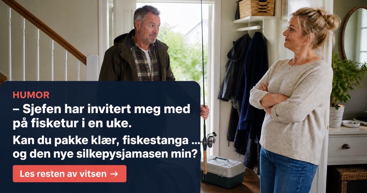 Humorbilde med mannen på fisketur og starten på vitsen uten avsløringen
